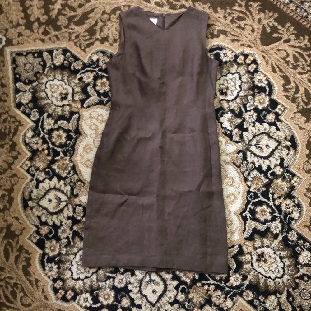 Talbots Sleeveless Irish Linen Brown V-Neck Midi Sheath Sleeveless Dress 6P